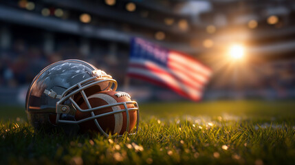 American football helmet and ball rest on green grass field in stadium, USA flag waves behind, sunlight illuminates stadium seats, game day atmosphere ready for kickoff, under soft