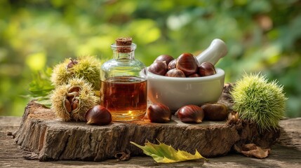 Natural Remedy: Horse chestnut extract oil, nuts, and mortar on a rustic log