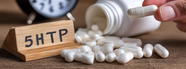 5-HTP Capsules, Wooden Sign, and Alarm Clock: Sleep and Mood Enhancement Concept.