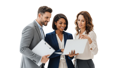 Business team working together with a laptop isolated on white