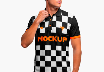 Polo Shirt Mockup Worn by Man Adjusting Collar