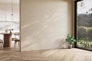 Modern interior design of apartment, dining room with table and chairs, empty living room with...