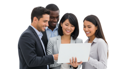 Business team working together with a laptop isolated on white