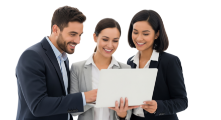 Business team working together with a laptop isolated on white