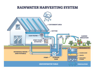 Rainwater harvesting system diagram shows roof catchment, storage tank, and recharge pit directing water to irrigation and household reuse. Outline diagram
