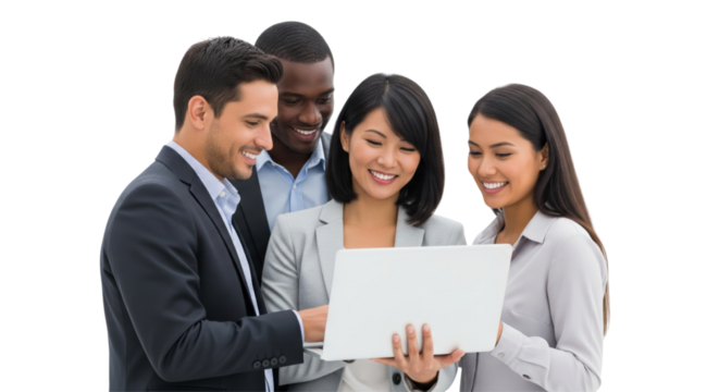 Business team working together with a laptop isolated on white