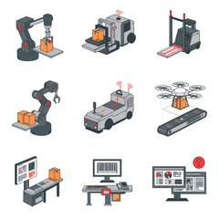 A vibrant collection of vector illustrations showcasing advanced industrial automation, autonomous logistics, robotic systems, and data analytics for modern smart factories.