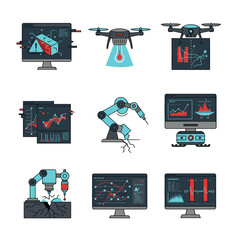 This graphic collection showcases modern industrial automation, sophisticated drone technology, and intricate data visualization for engineering and innovation.
