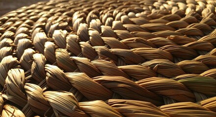 Obraz premium Close-up of intricately woven natural straw texture with warm golden hour sunlight creating rich