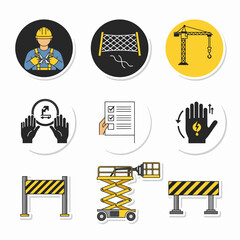 A comprehensive collection of essential construction safety icons illustrating workers, equipment, and crucial hazard warnings for industrial environments.