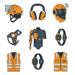 A comprehensive vector illustration displaying modern personal protective equipment, advanced wearable technology, and futuristic industrial safety gear for various work environments.