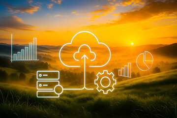 Cloud computing concept, data storage and network in nature