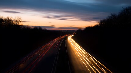 motorway. Sunset motorway with dynamic light streaks and a warm atmospheric dusk glow. inspiring travel planning, mobility guides, designed for mobility and urban transit guides.