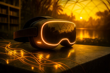 VR headset in tropical biodome, metaverse and virtual travel concept