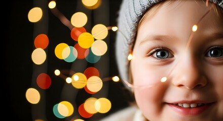 Fototapeta premium Close-up portrait of a cheerful child with bright blue eyes and festive Christmas lights