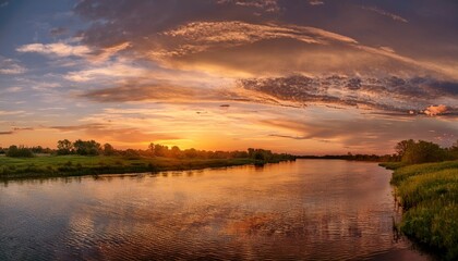 Serene Riverside at Sunset with Cirrus Clouds and Golden Reflection
