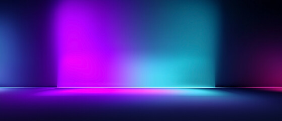 Modern futuristic neon room with glowing purple and blue gradient lights illuminating the walls and floor. Abstract background is perfect for digital design and technology