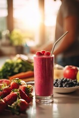 Glass of berry smoothie with a metal straw on a kitchen counter with a woman in the background