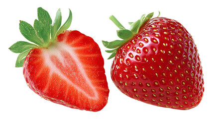 Fresh red strawberry and half cut strawberry isolated on transparent  background. Fruit concept