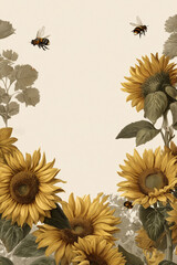 Sunflower flat lay background with butterflies and bees on beige paper for autumn design. Perfect for seasonal greetings, invitation cards or social media posts.