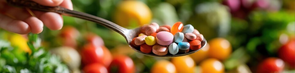 Fototapeta premium Spoon piled with colorful multivitamin capsules against a background of fresh bright vegetables