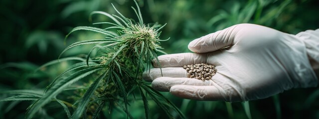 Hand in a protective glove holding hemp seeds near a flowering cannabis plant