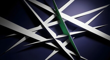 Dynamic abstract geometric lines in white and green on a deep blue background, crafting a modern