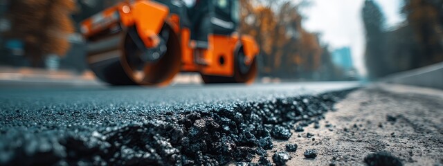 Road repair: close-up of fresh asphalt and road roller at a dynamic low angle