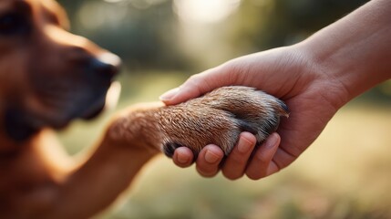 Warm shot: human hand holding a dog's paw, symbolizing friendship, trust, and loyalty