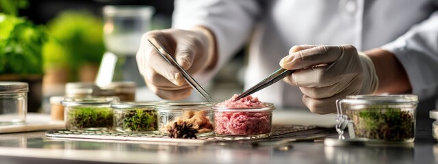 Cultured Meat Research: Scientist placing a plant sample onto lab-grown meat in a jar
