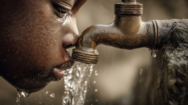 Thirst quenched: Intimate close-up of a young person drinking from a rusted faucet