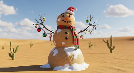 Festive snowman decorated with lights in desert setting