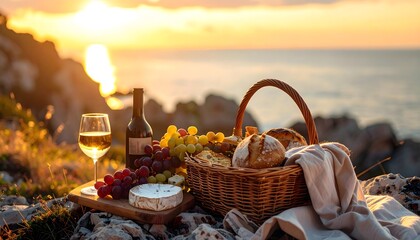 Picnic junto al mar al atardecer con vino, pan y uvas frescas