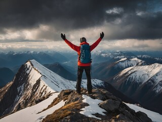 Excursionista celebrando en la cima de una montaña nevada al atardecer