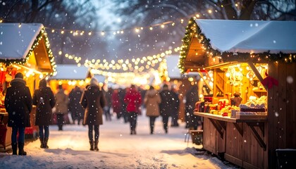 Mercado navide&ntilde;o nevado con luces c&aacute;lidas y ambiente festivo en la ciudad