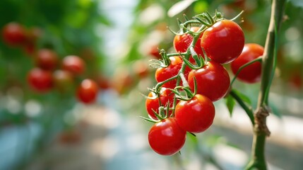 Fresh Harvest: Close-up of vibrant ripe cherry tomatoes on the vine in a greenhouse