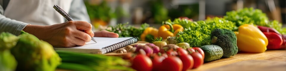 Healthy Meal Planning: Hand writing a recipe or shopping list surrounded by fresh vegetables