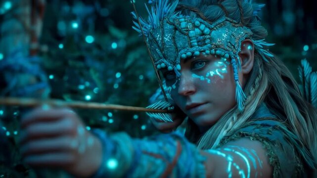 Mystical figure with intricate face paint and bow in lush forest setting