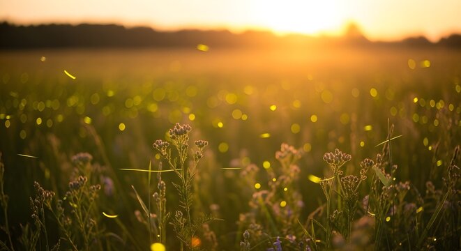 Enchanting Fireflies Illuminate a Golden Summer Field at Sunset with Magical Bokeh Lights