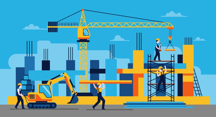 Construction workers operating machinery at a building site depicting urban development