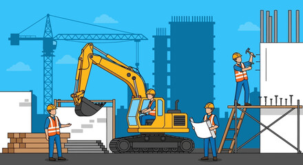 Construction workers and excavator at a building site Teamwork in urban development