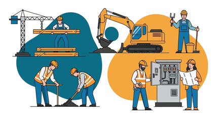 Construction workers engineers and heavy equipment depict building development and industrial labor