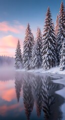 mountain and forest landscapes capture the serene winter season from vivid sunrise to cold sunset with snowy trees under a crisp blue sky