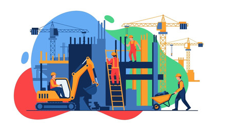 Busy construction site with workers cranes and excavator symbolizing industry and urban growth