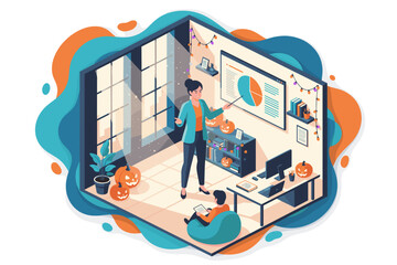 Businesswoman presents data in a festive Halloween office combining work and holiday spirit