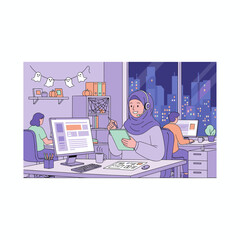 Smiling woman in hijab with headset providing customer support in a festive latenight office