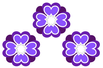 A set of three stylized, abstract flowers arranged in a cluster. Each flower features five heart-shaped petals in shades of light and deep purple/violet, with a bright white center.