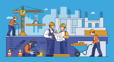 Construction workers collaborating on a building site showcasing teamwork planning and urban development