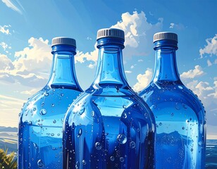 Three bottles of blue water under a bright sky with fluffy clouds