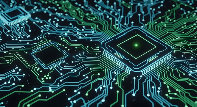 A closeup macro shot of a printed circuit board background with electronic components, revealing the intricate digital technology of a computer motherboard